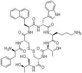 D-苯丙氨酰-L-半胱氨酰-3-(1-萘基)-L-丙氨酰-D-色氨酰-L-赖氨酰-L-苏氨酰-N-[(1R,2R)-2-羟基-1-(羟基甲基)丙基]-L-半胱氨酰胺环(2→7)-二硫醚分子结构 (CAS 848820-27-9)