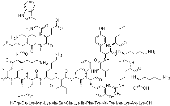 L-色氨酰-L-alpha-谷氨酰-L-赖氨酰-L-蛋氨酰-L-赖氨酰-L-丙氨酰-L-丝氨酰-L-alpha-谷氨酰-L-赖氨酰-L-异亮氨酰-L-苯丙氨酰-L-酪氨酰-L-缬氨酰-L-酪氨酰-L-蛋氨酰-L-赖氨酰-L-精氨酰-L-赖氨酸分子结构 (CAS 849359-90-6)