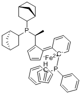 CAS # 849925-45-7, (S)-1-{(sp)-2-[2-(Diphenylphosphino)phenyl]ferrocenyl}ethyldi(2-norbornyl)phosphine, [(1S,4R)-2-bicyclo[2.2.1]heptanyl]-[(1R,4S)-2-bicyclo[2.2.1]heptanyl]-[(1S)-1-[(5E)-5-(6-diphenylphosphanylcyclohexa-2,4-dien-1-ylidene)cyclopenta-1,3-dien-1-yl]ethyl]phosphane cyclopenta-1,3-diene iron(2+)