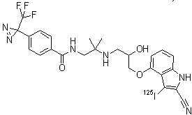 CAS # 85559-48-4, N-[2-[[3-[[2-Cyano-3-(iodo-<sup>125</sup>I)-1H-indol-4-yl]oxy]-2-hydroxypropyl]amino]-2-methylpropyl]-4-[3-(trifluoromethyl)-3H-diazirin-3-yl]benzamide