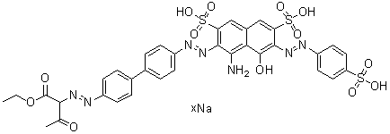 CAS 登录号：85750-01-2, 2-[[4'-[[1-氨基-8-羟基-3,6-二磺基-7-[(4-磺基苯基)偶氮]-2-萘基]偶氮][1,1'-联苯]-4-基]偶氮]-3-氧代-丁酸乙酯钠盐