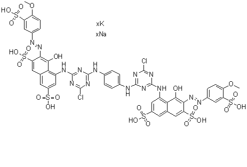 CAS # 85959-06-4, 4,4'-[1,4-Phenylenebis[imino(6-chloro-1,3,5-triazine-4,2-diyl)imino]]bis[5-hydroxy-6-[(4-methoxy-3-sulfophenyl)azo]-2,7-naphthalenedisulfonic acid potassium sodium salt