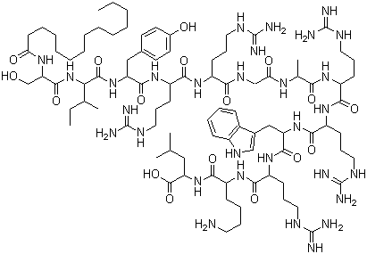 N-(1-氧代十四烷基)-L-丝氨酰-L-异亮氨酰-L-酪氨酰-L-精氨酰-L-精氨酰甘氨酰-L-丙氨酰-L-精氨酰-L-精氨酰-L-色氨酰-L-精氨酰-L-赖氨酰-L-亮氨酸分子结构 (CAS 863987-12-6)