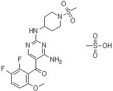 N-[4-氨基-5-(2,3-二氟-6-甲氧基苯甲酰基)-2-嘧啶基]-1-(甲基磺酰基)-4-哌啶胺单甲烷磺酸盐分子结构 (CAS 869369-26-6)