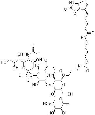 (3aS,4S,6aR)-N-[6-[[3-[[O-(N-乙酰基-alpha-神经胺酸基)-(2→3)-O-alpha-D-吡喃半乳糖基-(1→3)-O-[6-脱氧-alpha-L-吡喃半乳糖基-(1→4)]-2-(乙酰氨基)-2-脱氧-beta-D-吡喃葡萄糖基]氧基]丙基]氨基]-6-氧代己基]六氢-2-氧代-1H-噻吩并[3,4-d]咪唑-4-戊酰胺分子结构 (CAS 870892-98-1)