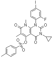 structure of CAS# 871700-32-2, 3-Cyclopropyl-1-(2-fluoro-4-iodophenyl)-6,8-dimethyl-2,4,7-trioxo-1,2,3,4,7,8-hexahydropyrido[2,3-d]pyrimidin-5-yl 4-methylbenzenesulfonate