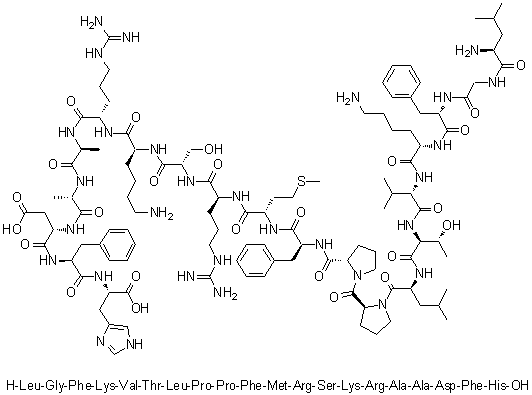L-亮氨酰甘氨酰-L-苯丙氨酰-L-赖氨酰-L-缬氨酰-L-苏氨酰-L-亮氨酰-L-脯氨酰-L-脯氨酰-L-苯丙氨酰-L-蛋氨酰-L-精氨酰-L-丝氨酰-L-赖氨酰-L-精氨酰-L-丙氨酰-L-丙氨酰-L-alpha-天冬氨酰-L-苯丙氨酰-L-组氨酸分子结构 (CAS 877380-09-1)