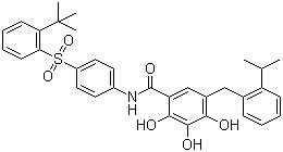structure of CAS# 877877-35-5, N-[4-(2-叔丁基苯磺酰基)苯基]-2,3,4-三羟基-5-(2-异丙基苯基甲基)苯甲酰胺