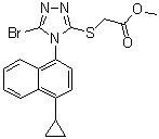 structure of CAS# 878671-99-9, 2-[[5-溴-4-(4-环丙基萘-1-基)-4H-1,2,4-三唑-3-基]硫基]乙酸甲酯