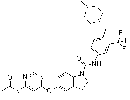 structure of CAS# 882405-89-2, 5-[[6-(乙酰氨基)-4-嘧啶基]氧基]-2,3-二氢-N-[4-[(4-甲基-1-哌嗪基)甲基]-3-(三氟甲基)苯基]-1H-吲哚-1-甲酰胺