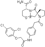 structure of CAS# 894787-30-5, (2R,4'R,8'aR)-1-[2-[4-[[2-(2,4-Dichlorophenoxy)acetyl]amino]phenyl]acetyl]tetrahydro-6'-oxospiro[pyrrolidine-2,7'(6'H)-[2H]pyrrolo[2,1-b][1,3]thiazine]-4'-carboxamide