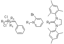 structure of CAS# 900169-53-1, [1,3-双(2,4,6-三甲基苯基)-2-咪唑烷亚基]双(2-溴吡啶)(苯基亚甲基)二氯化钌