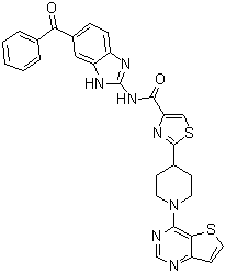 CAS # 913822-46-5, N-(6-Benzoyl-1H-benzimidazol-2-yl)-2-(1-thieno[3,2-d]pyrimidin-4-yl-4-piperidinyl)-4-thiazolecarboxamide, SC 75741, V 1810