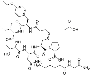CAS # 914453-95-5, Atosiban acetate, Acetic acid,(2S)-N-[(2S)-5-amino-1-[(2-amino-2-oxoethyl)amino]-1-oxopentan-2-yl]-1-[(4R,7S,10S,13S,16R)-7-(2-amino-2-oxoethyl)-13-[(2S)-butan-2-yl]-16-[(4-ethoxyphenyl)methyl]-10-[(1R)-1-hydroxyethyl]-6,9,12,15,18-pentaoxo-1,2-dithia-5,8,11,14,17-pentazacycloicosane-4-carbonyl]pyrrolidine-2-carboxamide