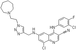 structure of CAS# 915365-57-0, 6-[[[1-[2-(氮杂庚烷-1-基)乙基]-1H-1,2,3-三唑-4-基]甲基]氨基]-8-氯-4-[(3-氯-4-氟苯基)氨基]喹啉-3-甲腈