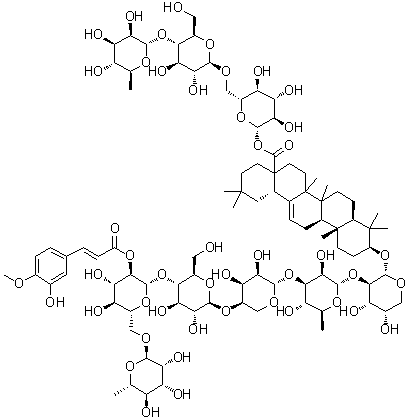 CAS # 916649-91-7, Clematomandshurica saponin B, (3beta)-3-[[O-6-Deoxy-alpha-L-mannopyranosyl-(1→6)-O-2-O-[(2E)-3-(3-hydroxy-4-methoxyphenyl)-1-oxo-2-propen-1-yl]-beta-D-glucopyranosyl-(1→4)-O-beta-D-glucopyranosyl-(1→4)-O-beta-D-ribopyranosyl-(1→3)-O-6-deoxy-alpha-L-mannopyranosyl-(1→2)-alpha-L-arabinopyranosyl]oxy]-olean-12-en-28-oic acid O-6-deoxy-alpha-L-mannopyranosyl-(1→4)-O-beta-D-glucopyranosyl-(1→6)-beta-D-glucopyranosyl ester