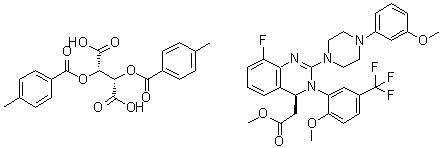 (2S,3S)-2,3-双[(4-甲基苯甲酰)氧基]丁二酸与(4S)-8-氟-3,4-二氢-2-[4-(3-甲氧基苯基)-1-哌嗪基]-3-[2-甲氧基-5-(三氟甲基)苯基]-4-喹唑啉乙酸甲酯的化合物分子结构 (CAS 917389-30-1)