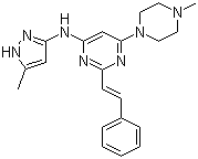 6-(4-甲基-1-哌嗪基)-N-(5-甲基-1H-吡唑-3-基)-2-[(1E)-2-苯乙烯基]-4-嘧啶胺分子结构 (CAS 934353-76-1)