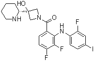 structure of CAS# 934660-94-3, [3,4-Difluoro-2-[(2-fluoro-4-iodophenyl)amino]phenyl][3-hydroxy-3-[(2R)-2-piperidinyl]-1-azetidinyl]methanone