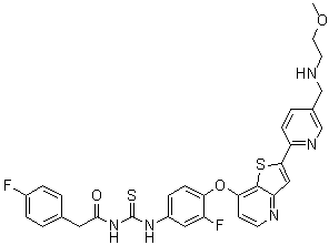CAS # 936694-12-1, Glesatinib, MG 90265, MG 90265GLY, MG 90265H9, MG 90265X, N-[(3-fluoro-4-{[2-(5-{[(2-methoxyethyl)amino]methyl}pyridin-2-yl)thieno[3,2-b]pyridin-7-yl]oxy}phenyl)carbamothioyl]-2-(4-fluorophenyl)acetamide