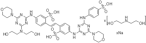 CAS 登录号：93804-40-1, 2-[2-[4-[[4-[二(2-羟基乙基)氨基]-6-(4-吗啉基)-1,3,5-三嗪-2-基]氨基]-2-磺基苯基]乙烯基]-5-[[4-(4-吗啉基)-6-[(4-磺基苯基)氨基]-1,3,5-三嗪-2-基]氨基]苯磺酸钠盐二乙醇胺盐