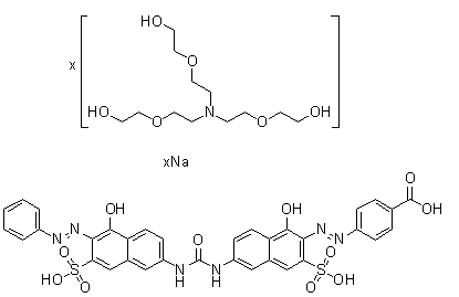 CAS # 93840-48-3, 4-[[1-Hydroxy-6-[[[[5-hydroxy-6-(phenylazo)-7-sulfo-2-naphthalenyl]amino]carbonyl]amino]-3-sulfo-2-naphthalenyl]azo]benzoic acid sodium salt compd. with 2,2',2''-[nitrilotris(2,1-ethanediyloxy)]tris[ethanol]
