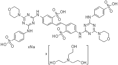 2,2'-(1,2-乙烯二基)二[5-[[4-(4-吗啉基)-6-[(4-磺基苯基)氨基]-1,3,5-三嗪-2-基]氨基]苯磺酸钠盐三乙醇胺盐分子结构 (CAS 93917-97-6)