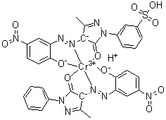 CAS # 93940-27-3, [3-[4,5-dihydro-4-[(2-hydroxy-5-nitrophenyl)azo]-3-methyl-5-oxo-1H-pyrazol-1-yl]benzenesulfonato(3-)][2,4-dihydro-4-[(2-hydroxy-5-nitrophenyl)azo]-5-methyl-2-phenyl-3H-pyrazol-3-onato]dihydrogen Chromate