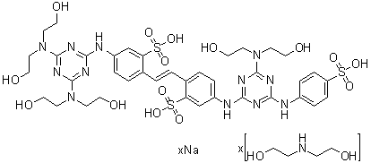CAS # 93965-03-8, 5-[[4,6-bis[bis(2-hydroxyethyl)amino]-1,3,5-triazin-2-yl]amino]-2-[2-[4-[[4-[Bis(2-hydroxyethyl)amino]-6-[(4-sulfophenyl)amino]-1,3,5-triazin-2-yl]amino]-2-sulfophenyl]ethenyl]benzenesulfonic acid sodium salt compd. with 2,2'-iminobis[ethanol]