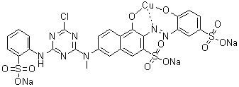 CAS # 94276-75-2, Trisodium [7-[[4-chloro-6-[(2-sulfophenyl)amino]-1,3,5-triazin-2-yl]methylamino]-4-hydroxy-3-[(2-hydroxy-5-sulfophenyl)azo]-2-naphthalenesulfonato]cuprate