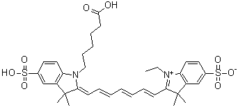 structure of CAS# 943298-08-6, 2-[7-[1-(5-羧基戊基)-1,3-二氢-3,3-二甲基-5-磺基-2H-吲哚-2-亚基]-1,3,5-庚三烯-1-基]-1-乙基-3,3-二甲基-5-磺基-3H-吲哚鎓内盐