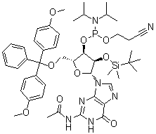 structure of CAS# 944138-03-8, N-Acetyl-5'-O-[bis(4-methoxyphenyl)phenylmethyl]-2'-O-[(1,1-dimethylethyl)dimethylsilyl]guanosine 3'-[2-cyanoethyl N,N-bis(1-methylethyl)phosphoramidite]