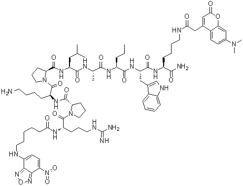 CAS 登录号：945414-97-1, N2-[6-[(7-硝基-2,1,3-苯并恶二唑-4-基)氨基]-1-氧代己基]-L-精氨酰-L-脯氨酰-L-赖氨酰-L-脯氨酰-L-亮氨酰-L-丙氨酰-L-正缬氨酰-L-色氨酰-N6-[2-[7-(二甲基氨基)-2-氧代-2H-1-苯并吡喃-4-基]乙酰基]-L-赖氨酰胺