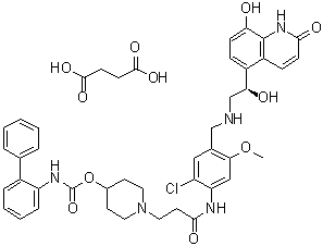 CAS # 945905-37-3, Batefenterol succinate, GSK 961081D, Butanedioic acid, compd. with 1-[3-[[2-chloro-4-[[[(2R)-2-(1,2-dihydro-8-hydroxy-2-oxo-5-quinolinyl)-2-hydroxyethyl]amino]methyl]-5-methoxyphenyl]amino]-3-oxopropyl]-4-piperidinyl N-[1,1'-biphenyl]-2-ylcarbamate (1:1)