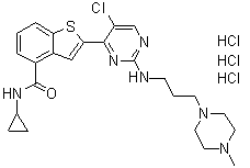 structure of CAS# 946518-60-1, 2-[5-氯-2-[[3-(4-甲基-1-哌嗪基)丙基]氨基]-4-嘧啶基]-N-环丙基-苯并[b]噻吩-4-甲酰胺三盐酸盐