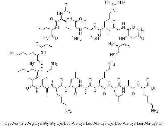 L-半胱氨酰-L-天冬氨酰胺酰甘氨酰-L-精氨酰-L-半胱氨酰甘氨酰甘氨酰-L-赖氨酰-L-亮氨酰-L-丙氨酰-L-赖氨酰-L-亮氨酰-L-丙氨酰-L-赖氨酰-L-赖氨酰-L-亮氨酰-L-丙氨酰-L-赖氨酰-L-亮氨酰-L-丙氨酰-L-赖氨酸分子结构 (CAS 948991-81-9)