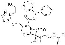 CAS 登录号：949587-46-6, (6R,7R)-7-[[2-[(二氟甲基)硫代]乙酰基]氨基]-3-[[[1-(2-羟基乙基)-1H-四唑-5-基]硫代]甲基]-7-甲氧基-8-氧代-5-氧杂-1-氮杂双环[4.2.0]辛-2-烯-2-羧酸二苯甲基酯
