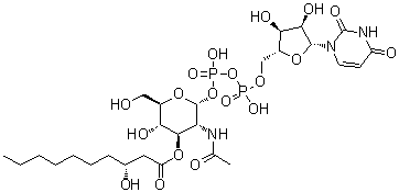 尿苷 5'-(三氢二磷酸酯) P'-[2-(乙酰氨基)-2-脱氧-3-O-[(3R)-3-羟基-1-氧代癸基]-alpha-D-吡喃葡萄糖基]酯分子结构 (CAS 953426-26-1)