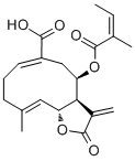 CAS 登录号：956384-55-7, Demethylsonchifolin, (3aR,4R,6E,10E,11aR)-2,3,3a,4,5,8,9,11a-八氢-10-甲基-3-亚甲基-4-[[(2Z)-2-甲基-1-氧代-2-丁烯-1-基]氧基]-2-氧代环癸并[c]呋喃-6-羧酸