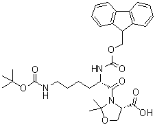 structure of CAS# 957780-54-0, (4S)-3-[(2S)-6-[[叔丁氧羰基]氨基]-2-[[芴甲氧羰基]氨基]-1-氧代己基]-2,2-二甲基-4-恶唑烷羧酸