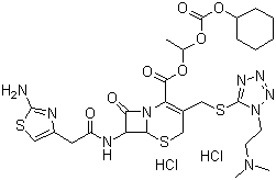 CAS # 95789-30-3, Cefotiam hexetil hydrochloride, (6R-(6-alpha,7-beta))-7-(((2-Amino-4-thiazolyl)acetyl)amino)-3-(((1-(2-(dimethylamino)ethyl)-1H-tetrazol-5-yl)thio)methyl)-8-oxo-5-thia-1-azabicyclo[4.2.0]oct-2-ene-2-carboxylic acid 1-(((cyclohexyloxy)carbonyl)oxy)ethyl ester dihydrochloride