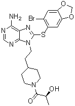 (2S)-1-[4-[2-[6-氨基-8-[(6-溴-1,3-苯并二氧戊环-5-基)硫基]-9H-嘌呤-9-基]乙基]-1-哌啶基]-2-羟基-1-丙酮分子结构 (CAS 958025-66-6)
