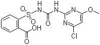 CAS # 99283-00-8, Chlorimuron, 2-(4-chloro-6-methoxypyrimidin-2-ylcarbamoylsulfamoyl)benzoic acid, 2-[[[[(4-chloro-6-methoxy-2-pyrimidinyl)amino]carbonyl]amino]sulfonyl]benzoic acid
